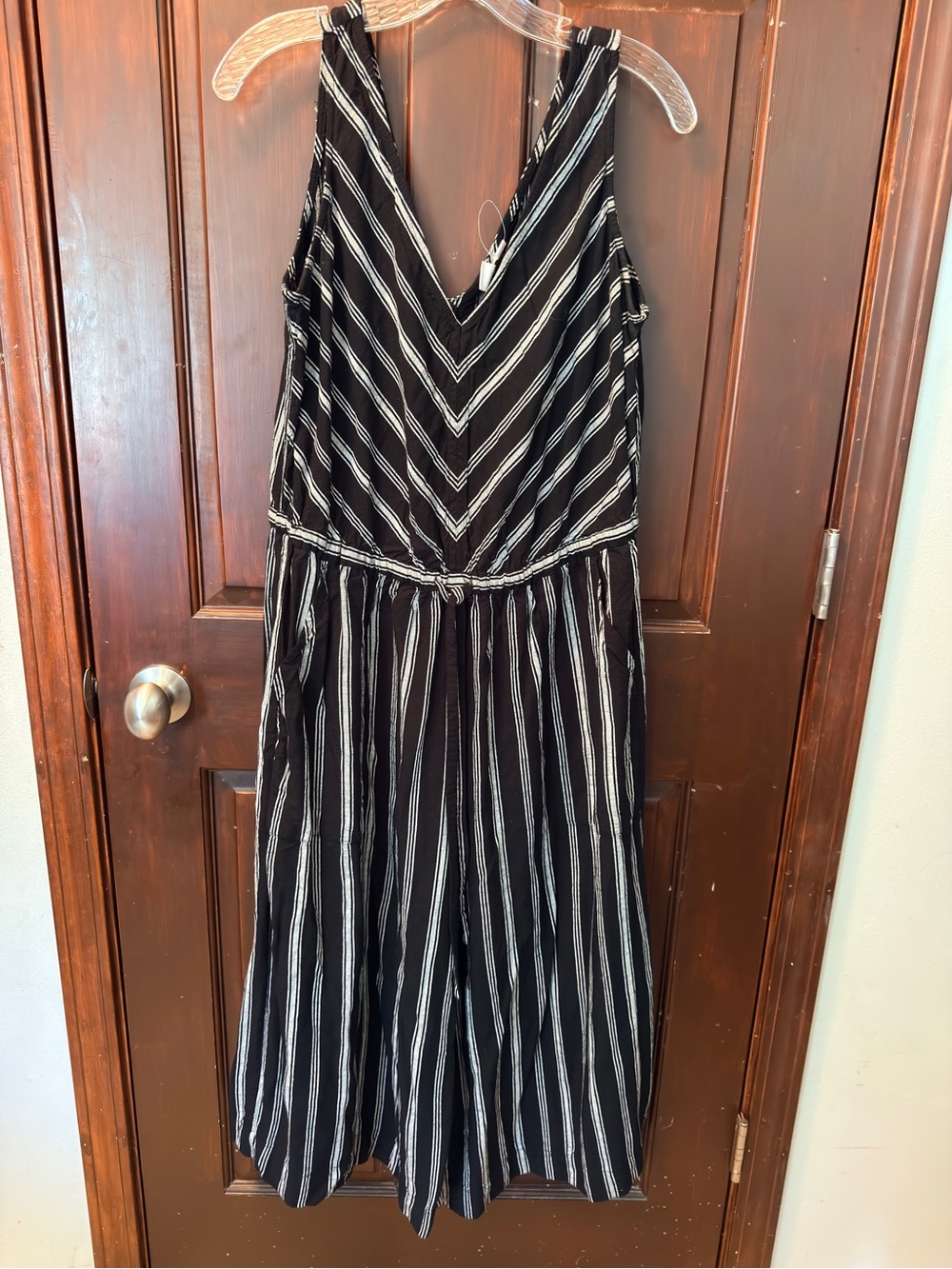 GAP Black and White Striped V-Neck Jumpsuit